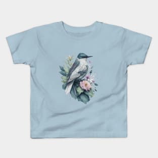 Little Bird around Flowers: Scattered Watercolor in Pastel Colors Kids T-Shirt